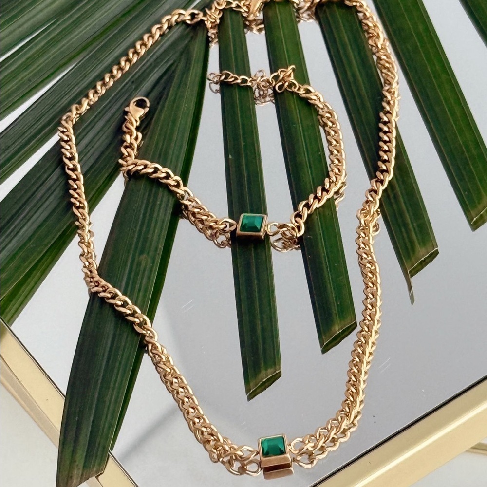 Gold Chain Necklace and Bracelet Set with Green Accents - Picture 4 of 4